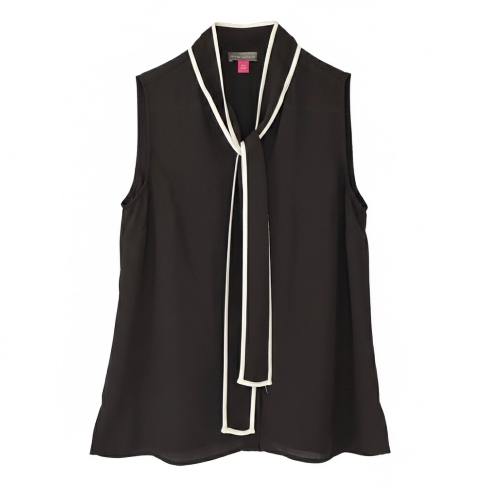 Vince Camuto Black Sleeveless Tie Neck Blouse Contrast Trim Accent. Size XXS